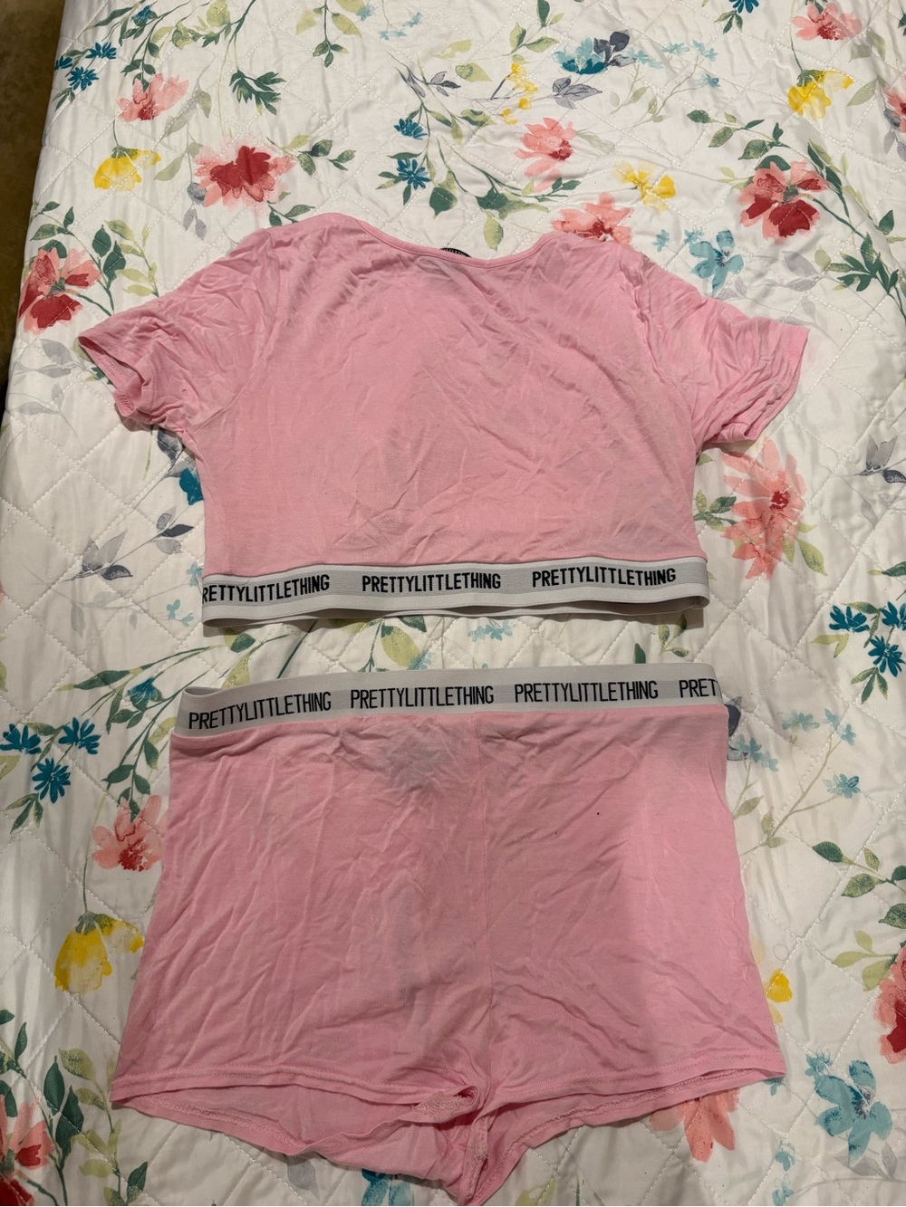 PrettyLittleThing Pink Branded Lounge Crop Top & High-Waist Shorts Set